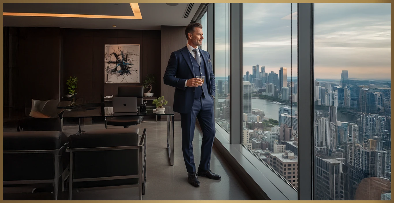 Man standing near a glass window while holding a liquor